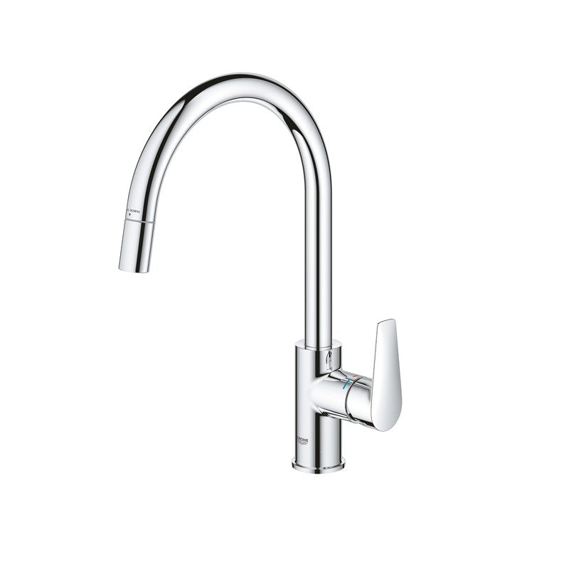 Кухненски смесител BauEdge OHM Grohe - изтеглящ, хром, изтеглящ се чучур, 360° въртящ, за онлайн магазин KERANOVA