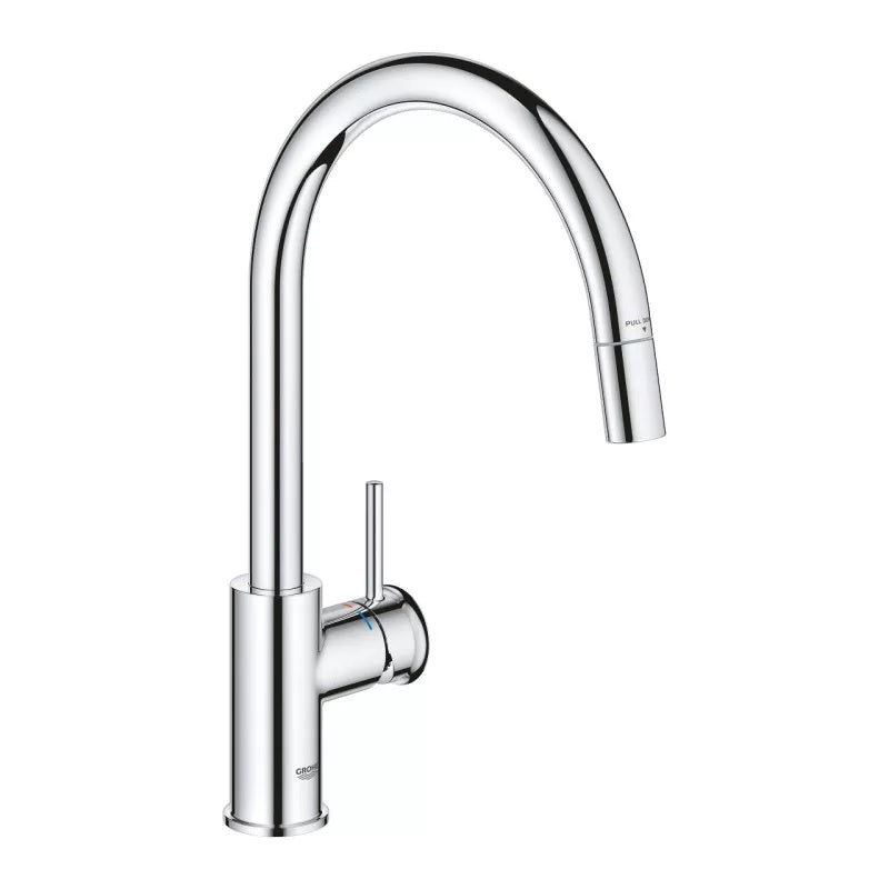 Кухненски смесител BauClassic Grohe - изтеглящ душ от хром, висок чучур, издърпващ душ, онлайн магазин KERANOVA