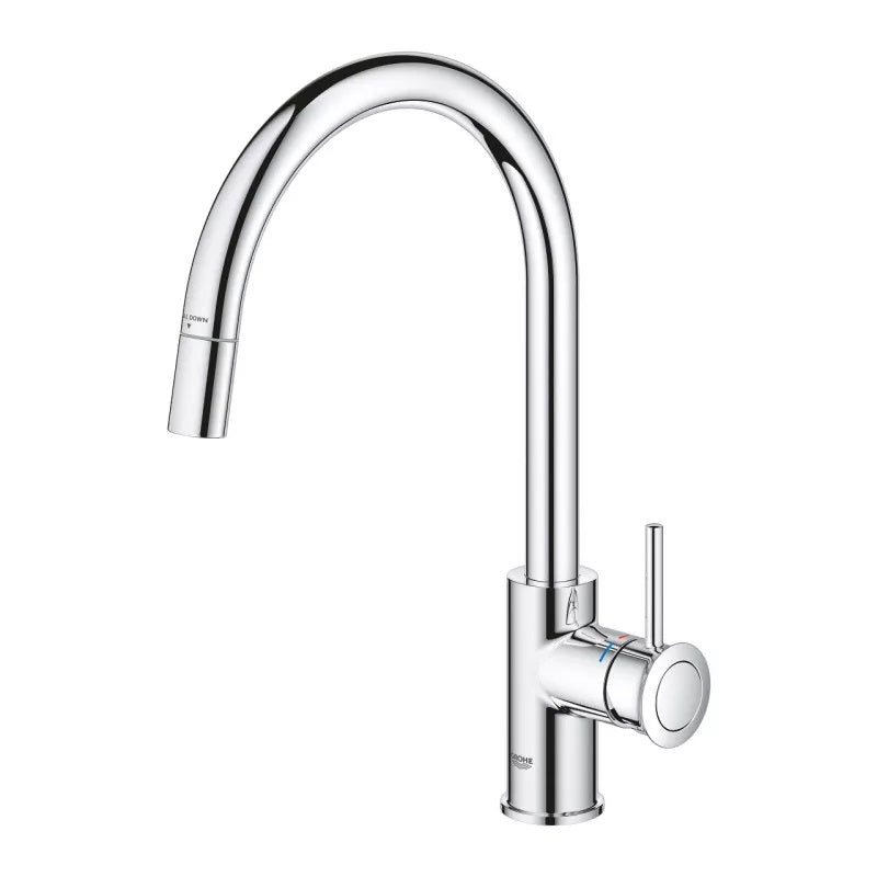 Кухненски смесител BauClassic Grohe - изтеглящ душ от хром, висок чучур, подвижен душ, 360° въртене, за онлайн магазин Keranova