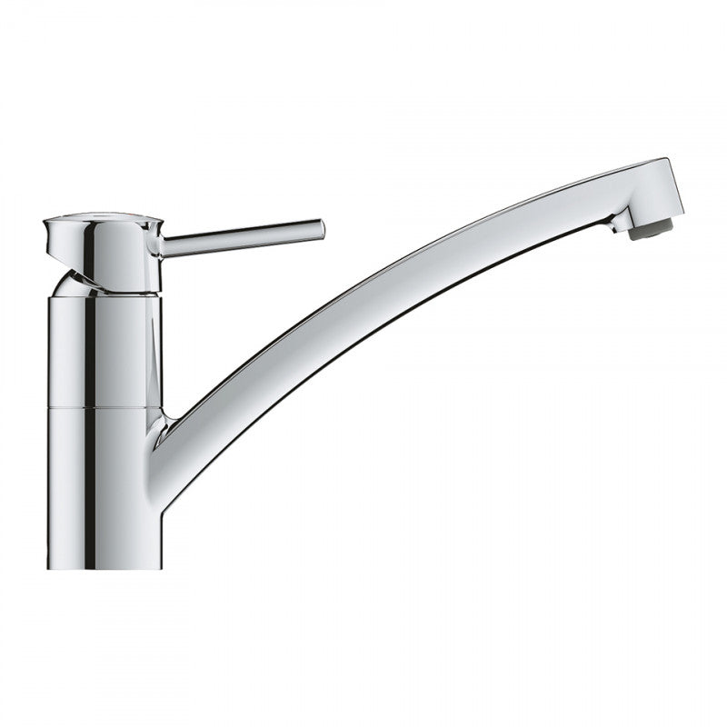 Кухненски смесител BauClassic Grohe - хромиран еднодупков смесител с въртящ се чучур 140°, Long-Life Shine, KERANOVA