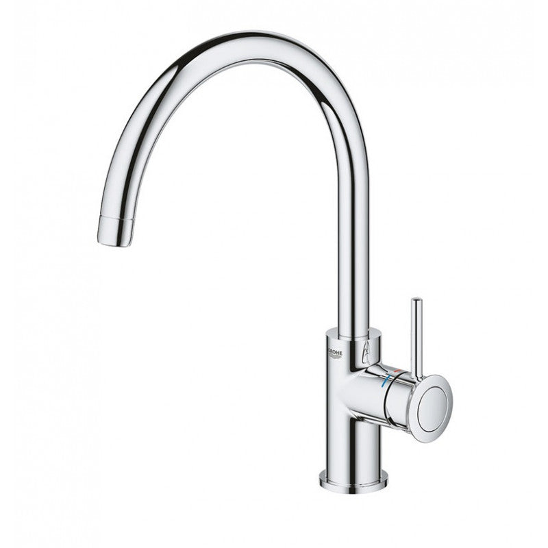 Alt Tag: Кухненски смесител BauClassic Grohe - хромиран еднодупков смесител с въртящ се чучур 360°, аератор, 28 мм керамичен патрон - KERANOVA