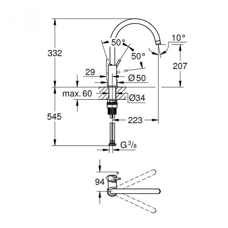 Кухненски смесител BauClassic Grohe - технически чертеж с размери, въртящ се чучур 360°, монтаж и свързвания за KERANOVA онлайн магазин