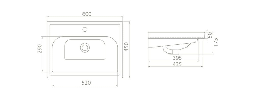 Мебелна мивка Frame 60х45 см. - технически чертеж, размери 600x450 мм, отвор за смесител, онлайн магазин за обзавеждане за бани KERANOVA
