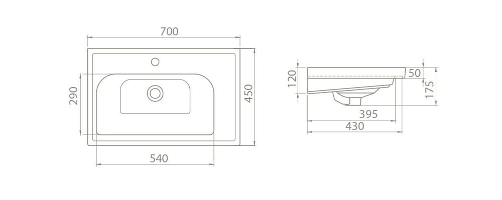 Мебелна мивка Frame 70х45 см. - технически чертеж с размери 700x450 мм, отвор за смесител, онлайн магазин за обзавеждане KERANOVA