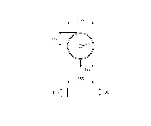 Купа LT 3134-MMDG - сив мат порцеланова мивка 35.5x35.5x12 см чертеж с размери Ø45 мм онлайн магазин KERANOVA
