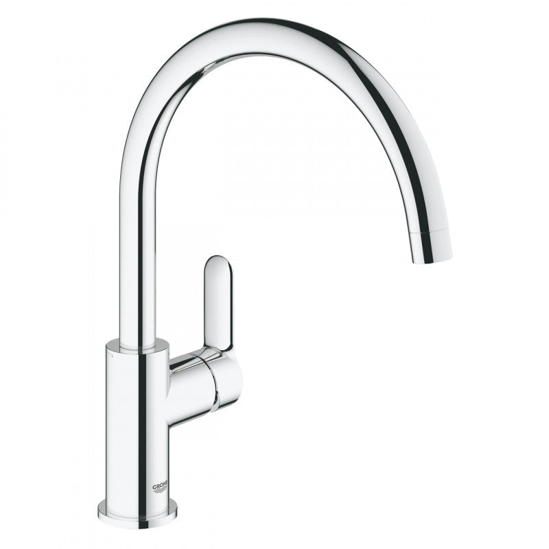 Кухненски смесител BauEdge Grohe - хром, висок въртящ чучур 360°, моноблок, GROHE StarLight, 5 г. гаранция - KERANOVA