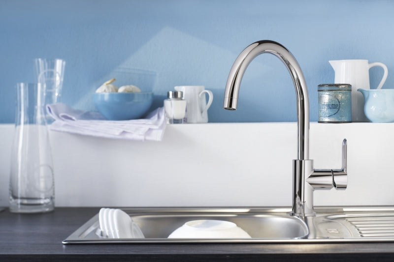 Кухненски смесител Bau Edge хром, едноръкохватков 31367001 с висок чучур, GROHE StarLight® за онлайн магазин KERANOVA