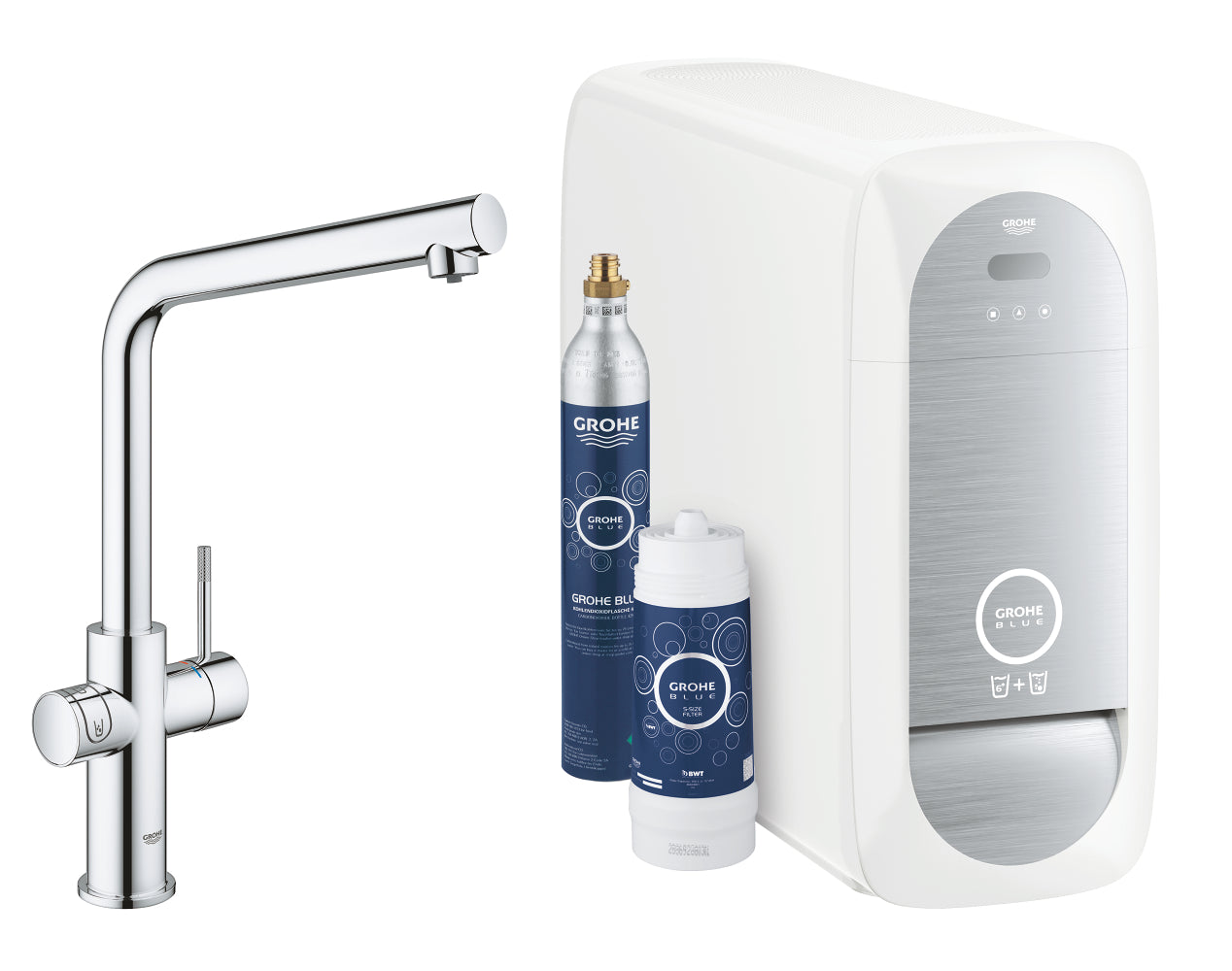 Кухненски смесител Grohe BlueHome 31454001 с охладител, бутилка CO2 и филтър за силно и слабо газирана, филтрирана вода - KERANOVA