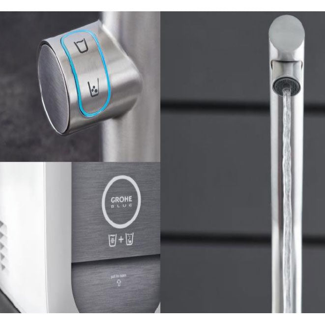 Кухненски смесител Grohe BlueHome 31454001 – хром, отделна ръкохватка за филтрирана и газирана вода, охладител KERANOVA