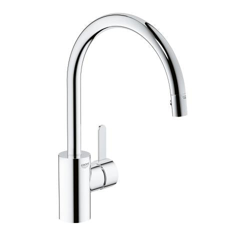 Кухненски смесител Eurosmart Cosmopolitan - изтеглящ висок чучур хром GROHE StarLight, издърпващ душ, 360° въртене, KERANOVA онлайн магазин