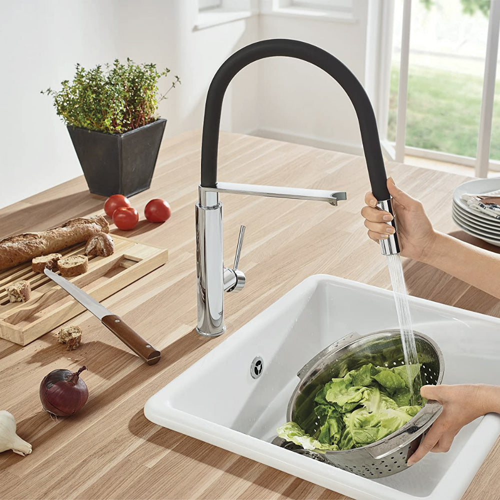 Кухненски смесител Grohe Concetto - хромиран смесител с гъвкав душ GROHFlexx за кухня, професионален Jet и ламинарна струя