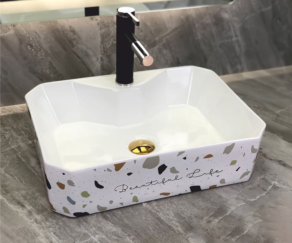 Купа SA-3151 50х39 см. порцеланова мивка за баня с абстрактна декорация, отвор за смесител, онлайн магазин KERANOVA