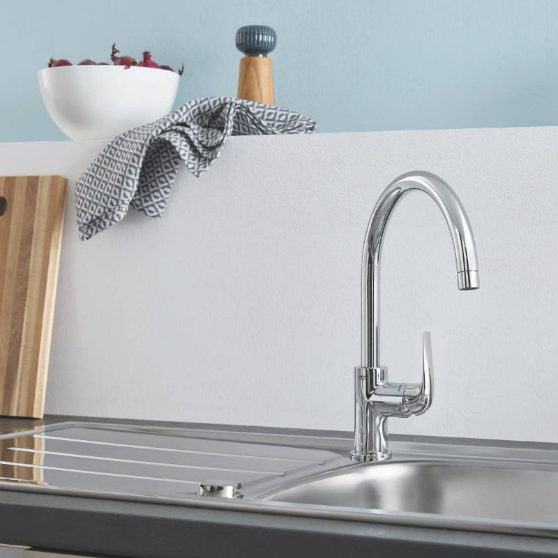 Кухненски смесител Bau Curve хром, едноръкохватков, GROHE SilkMove, еднодупков монтаж - KERANOVA онлайн магазин