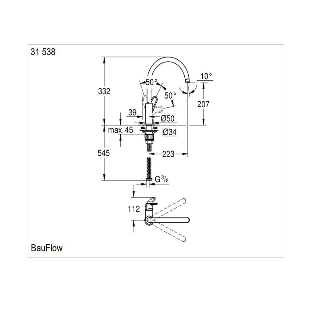 Кухненски смесител Bau Flow - технически чертеж с размери, едноръкохватков смесител хром, монтаж и височини - KERANOVA