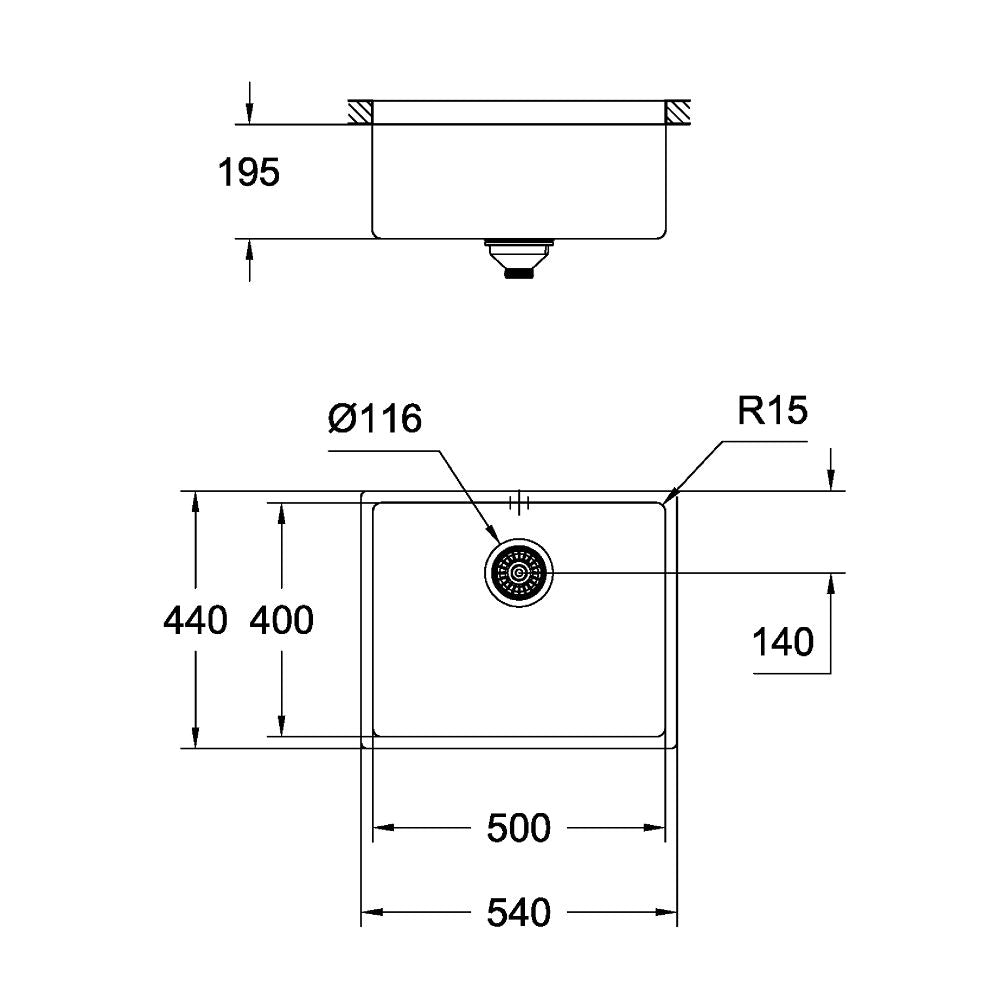 Кухненска мивка K700 Grohe - технически чертеж с размери 500х400х195мм, монтаж под плот, Ø116 отвор, изолация, KERANOVA онлайн магазин
