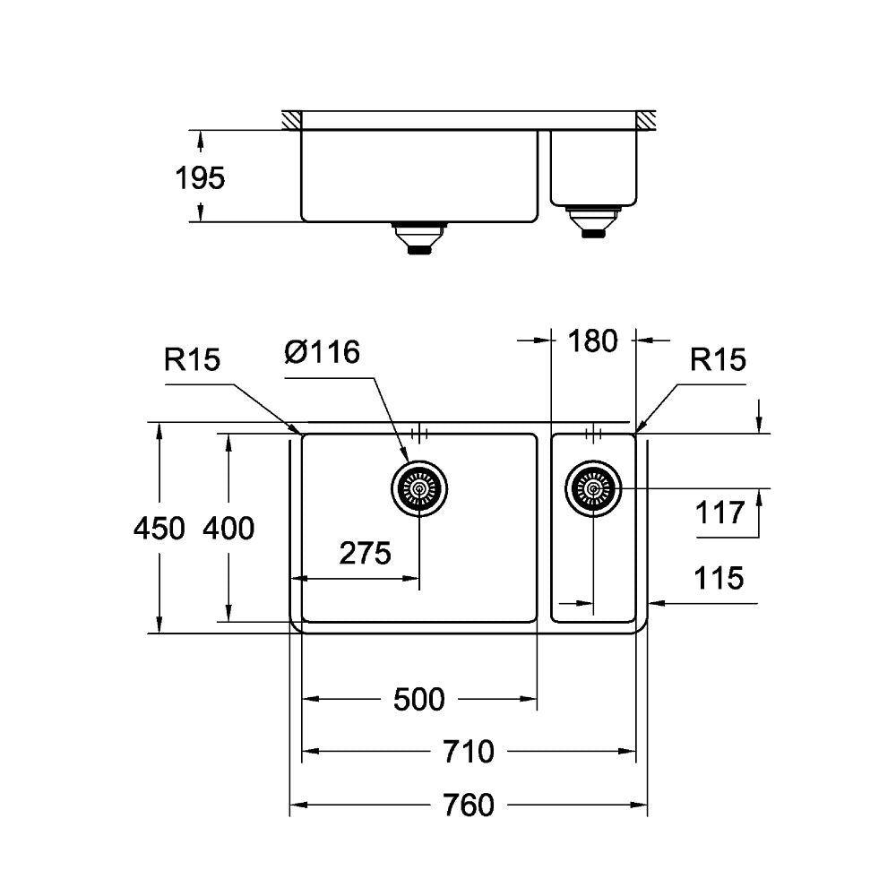 Кухненска мивка K700 Grohe – схема и размери 710x400x195мм, двойна под плот, неръждаема стомана, онлайн магазин KERANOVA