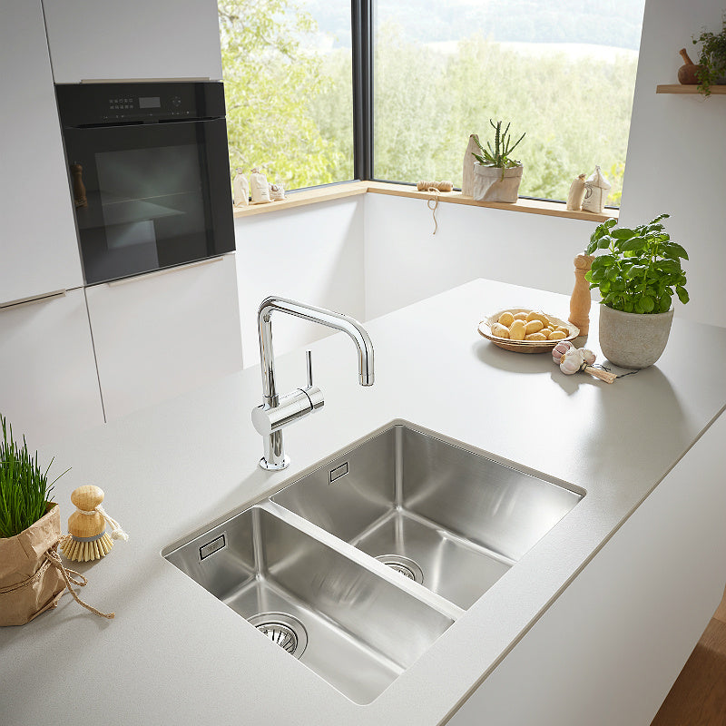 Кухненска мивка K700 Grohe - двойна неръждаема мивка 710x400x195мм за монтаж под плот, магазин KERANOVA