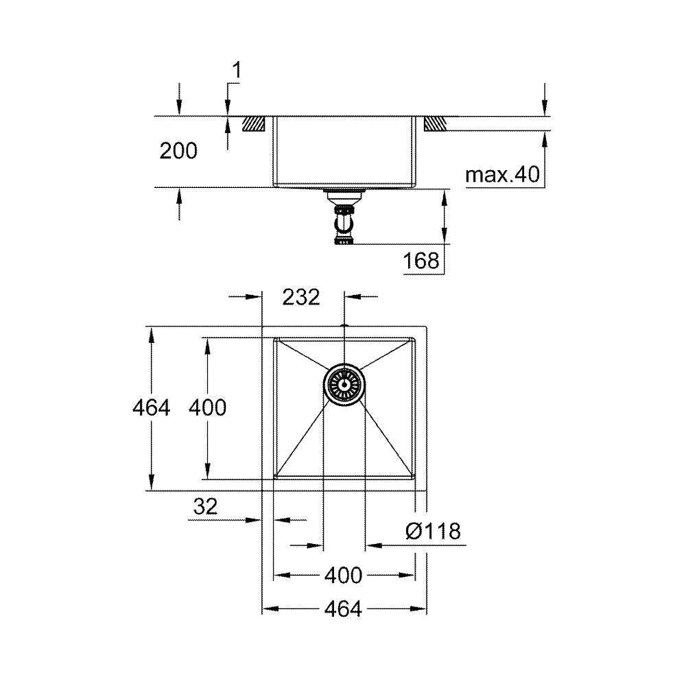 Кухненска мивка K700 Grohe технически чертеж с размери 464x464 мм, монтаж върху плот, неръждаема стомана - KERANOVA онлайн магазин