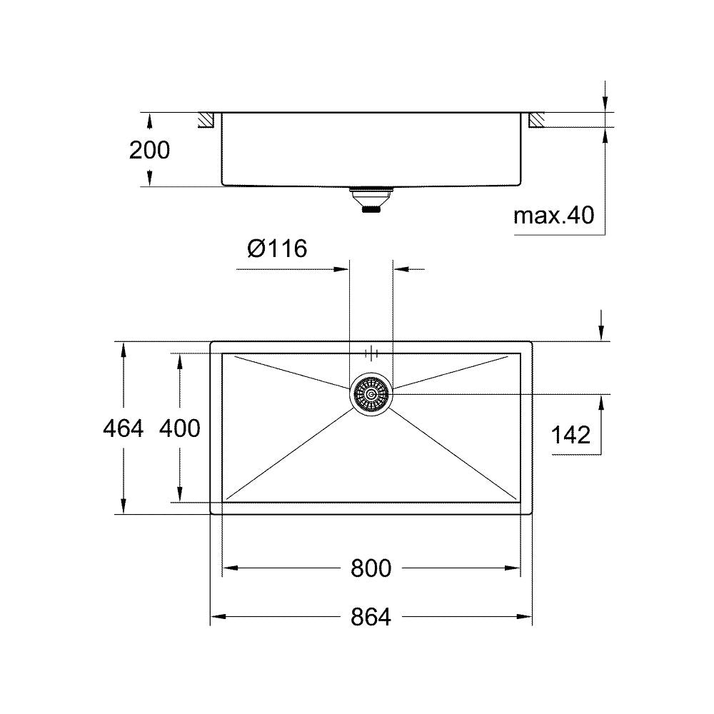 Кухненска мивка K700 Grohe 800x400x200мм чертеж с размери и Ø116 отвор за сифон - онлайн магазин KERANOVA