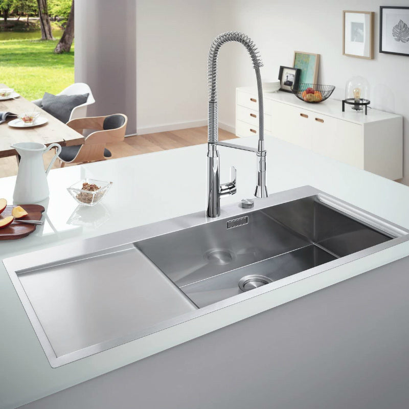 Кухненска мивка K1000 Grohe от неръждаема стомана INOX с отцедник в ляво, сатен покритие – онлайн магазин KERANOVA