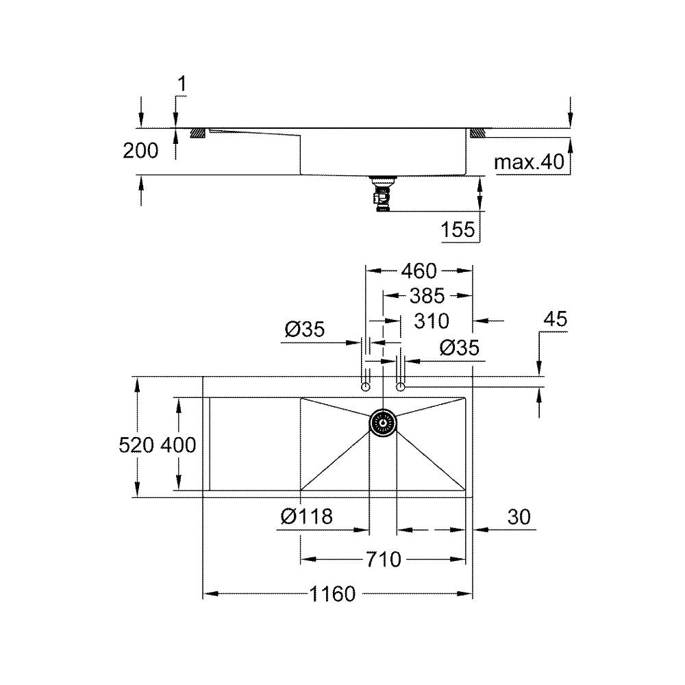 Кухненска мивка K1000 Grohe схема с размери 1160x520x200 мм, вграден отцедник ляво, неръждаема стомана - KERANOVA онлайн магазин