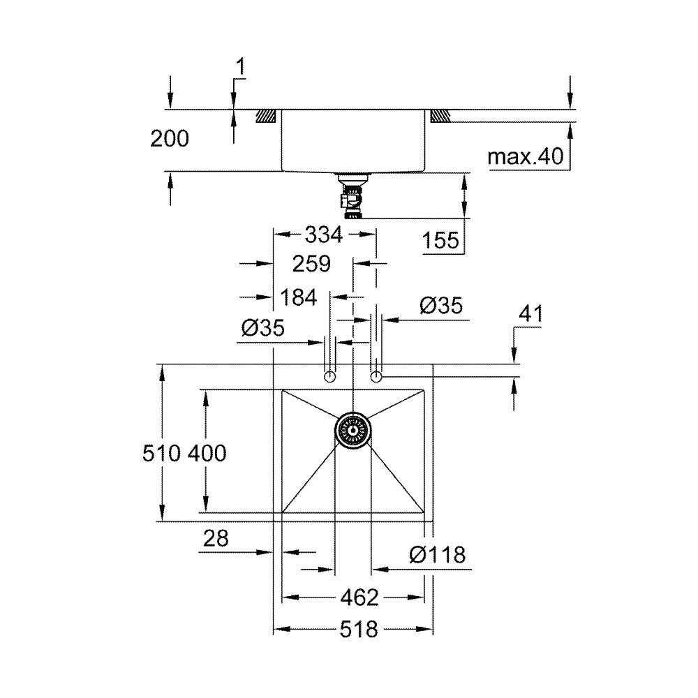 Кухненска мивка K800 Grohe технически чертеж с размери 518x510x200 мм за вграждане, INOX, KERANOVA онлайн магазин