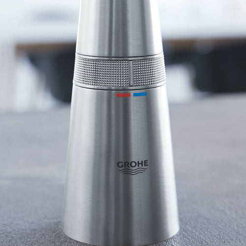 Кухненски смесител Grohe Zedra SmartControl - изтеглящ, хромирано тяло с магнитно прибиране и SmartControl бутон - KERANOVA