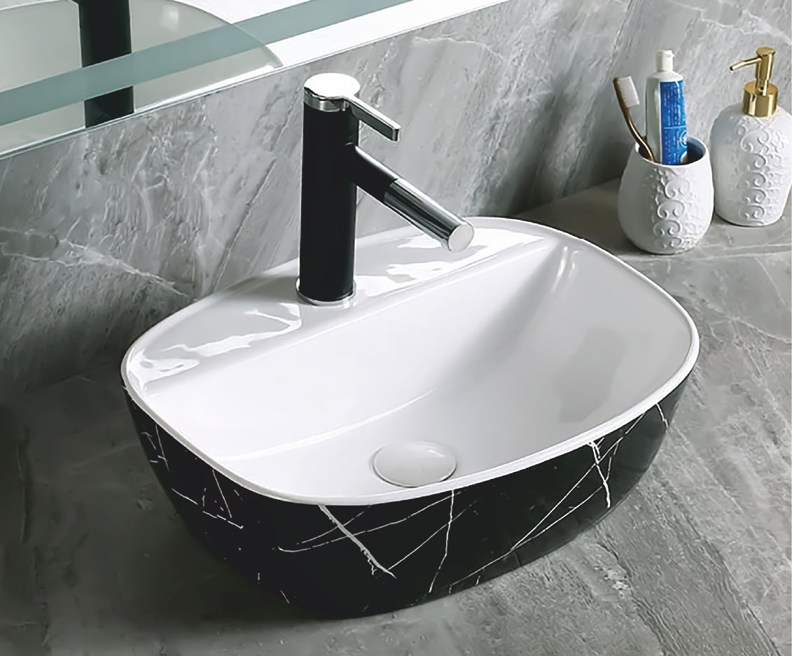 Купа SA-3160 40х32 см. порцеланова баня мивка черен външен дизайн с бели нишки – онлайн магазин KERANOVA