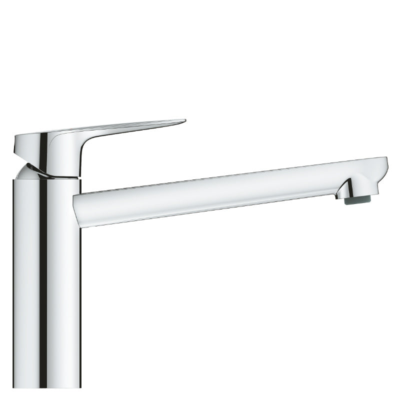 Кухненски смесител Bau Curve GROHE хром, въртящ подвижен тръбен чучур 140°, аератор, еднодупков монтаж за онлайн магазин KERANOVA