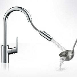 Hansgrohe Focus Смесител за кухня 31815000 хром със свалящ се душ и 150° въртене - онлайн магазин KERANOVA