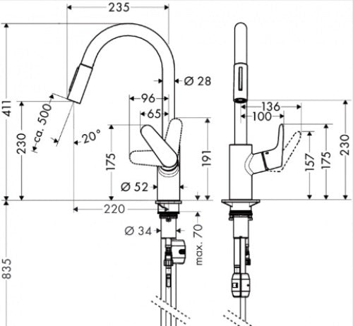 Hansgrohe Focus Смесител за кухня 31815000 технически чертеж с размери за онлайн магазин KERANOVA