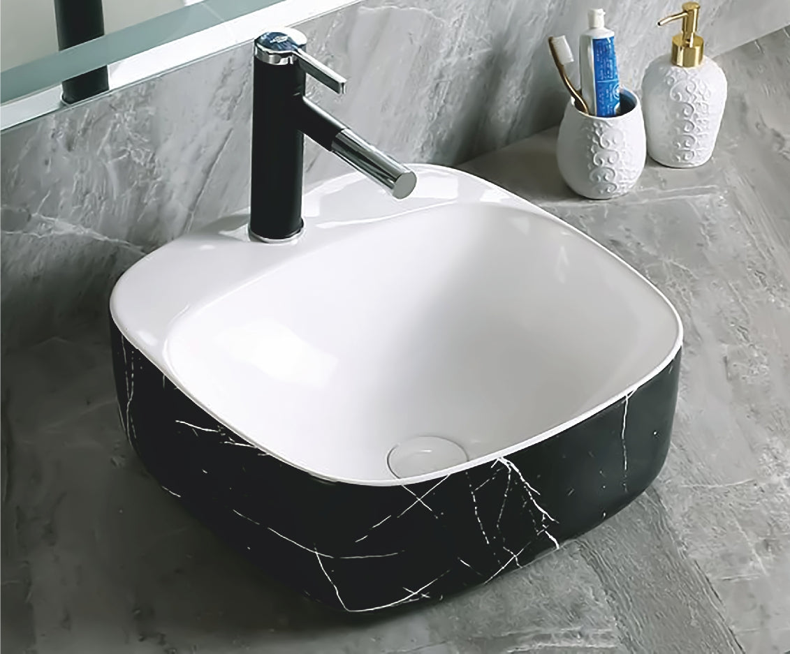 Купа SA-3184 42х42 см. порцеланова мивка за баня черна с бели нишки, външна текстура, височина 16 см – KERANOVA онлайн магазин