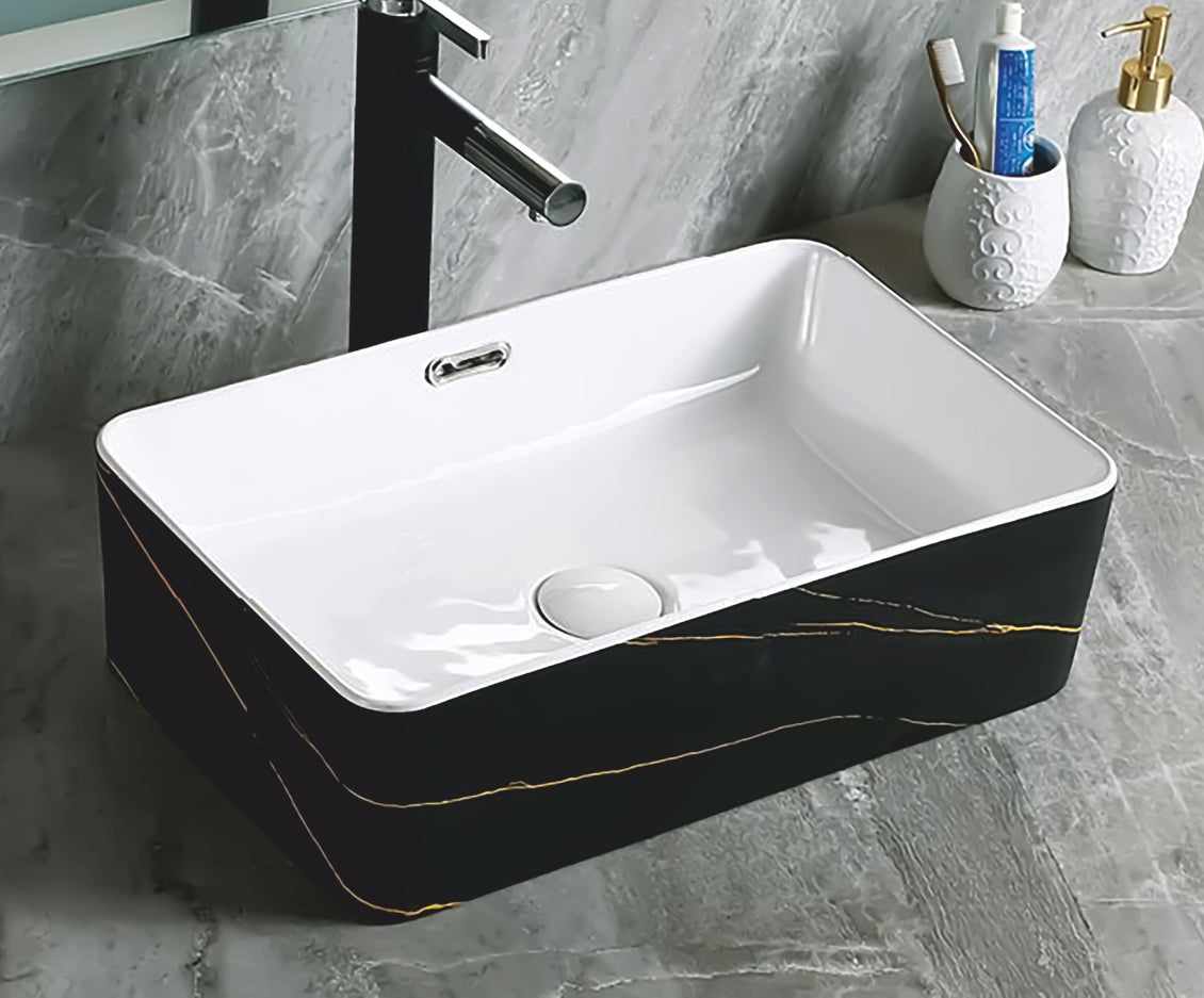 Купа SA-3195A 55х35 см. порцеланова мивка за баня черна с златни нишки, без отвор за смесител — онлайн магазин KERANOVA
