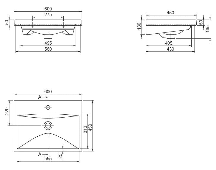 Мебелна мивка Elite 60х45 см. технически чертеж с размери 600x450 мм, отвор за смесител, онлайн магазин за обзавеждане за бани KERANOVA