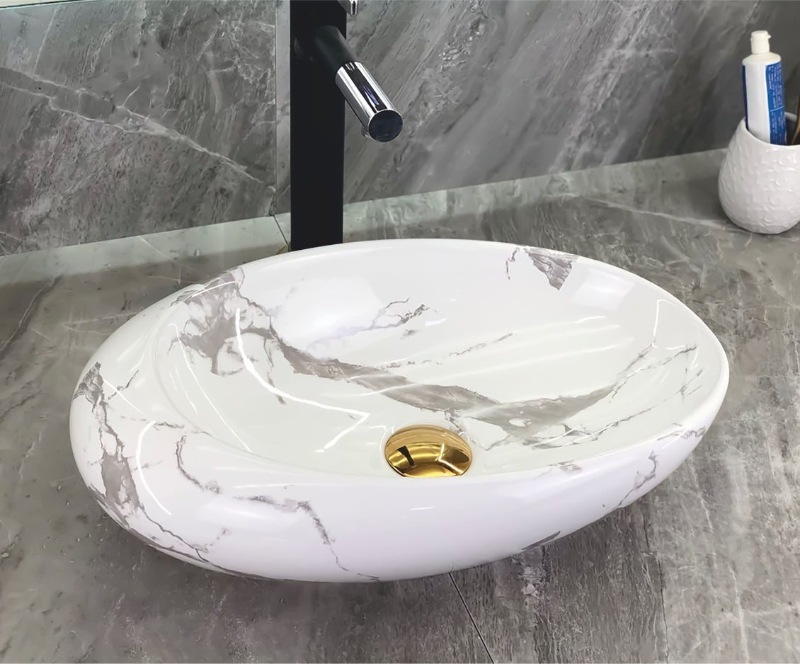 Купа SA-3209 50х31 см. порцеланова мивка за баня с мраморна текстура, височина 15 см, онлайн магазин KERANOVA