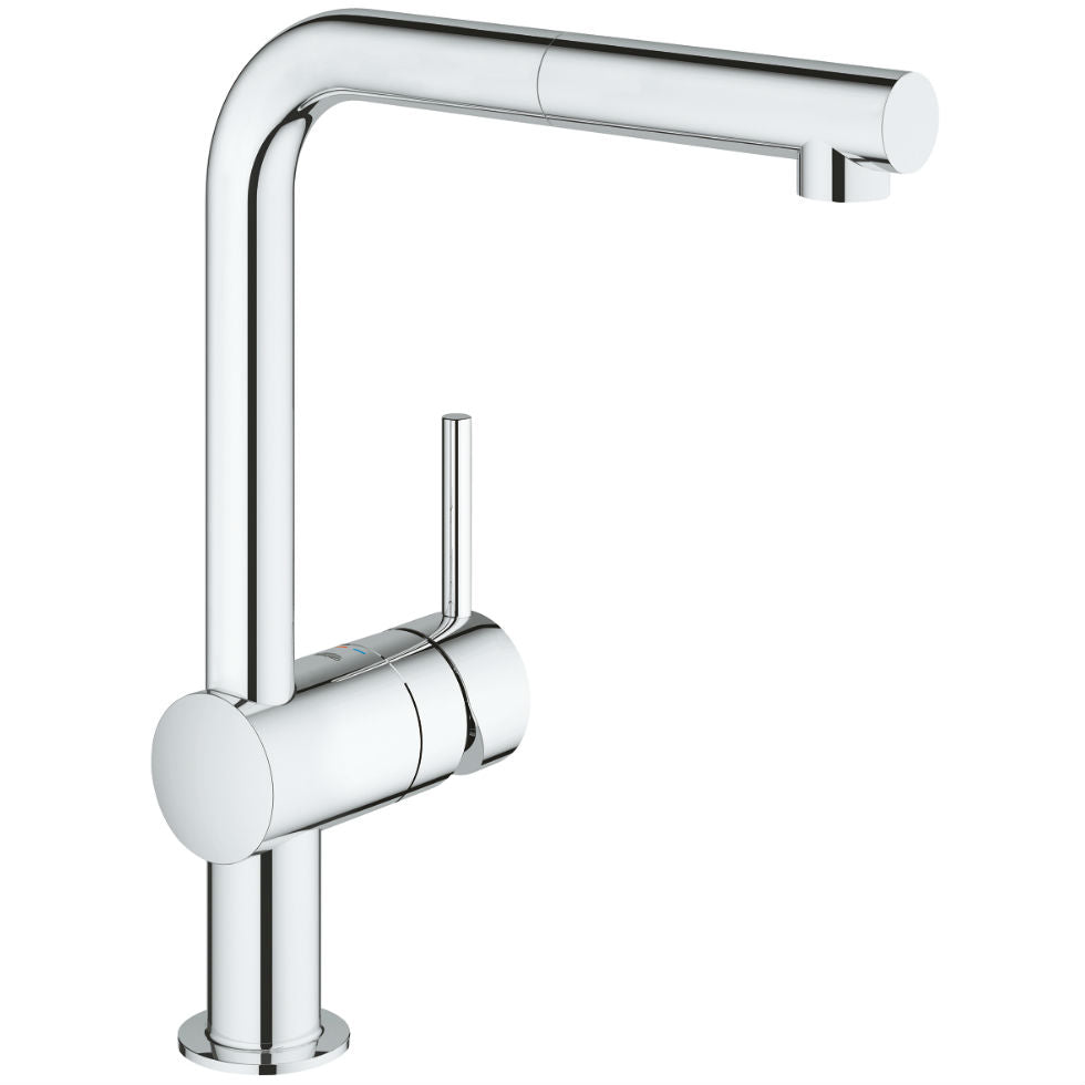 Кухненски смесител Grohe Minta - изтеглящ хром, L-чучур, издърпващ аератор, 360° въртене, 5 г. гаранция - KERANOVA онлайн магазин