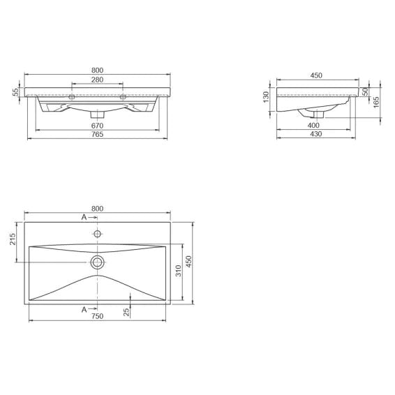 Мебелна мивка Elite 80х45 см. технически чертеж с размери, отвор за смесител, онлайн магазин за обзавеждане за бани KERANOVA