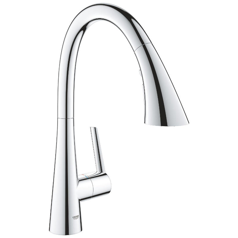 Кухненски смесител Grohe Zedra - изтеглящ, хромирана еднодупкова батерия с подвижен чучур 360° за магазин KERANOVA