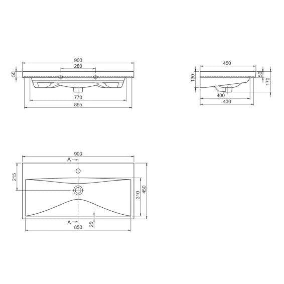 Мебелна мивка Elite 90х45 см. - технически чертеж с размери 900x450 мм, отвор за смесител, продукт KERANOVA, произход Турция