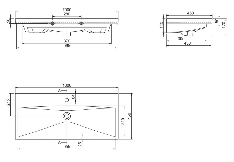 Мебелна мивка Elite 100х45 см. технически чертеж с размери, отвор за смесител, онлайн магазин KERANOVA