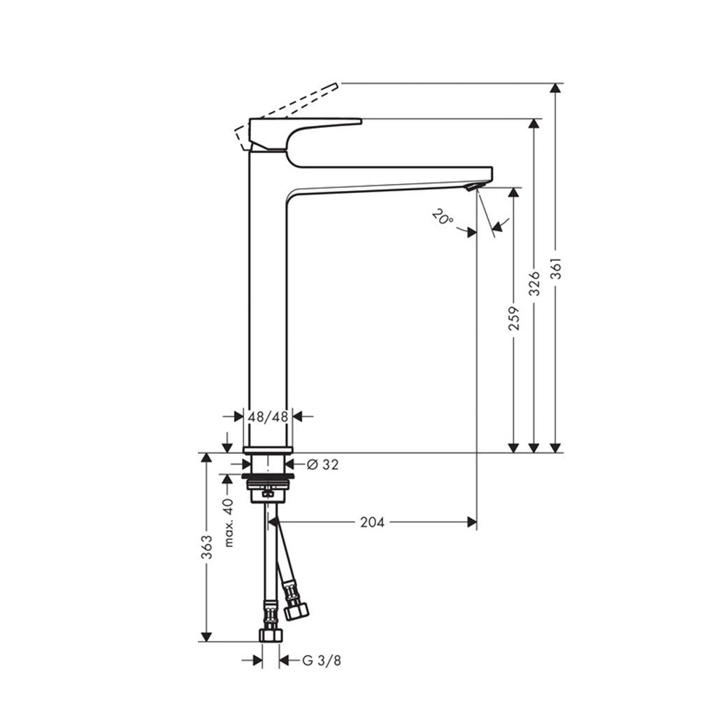 Hansgrohe Metropol 260 за мивка - технически чертеж с размери, хром, ComfortZone 260, проект 204 мм, артикул 32512000 - KERANOVA