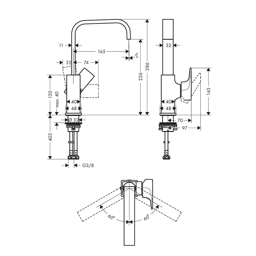 Hansgrohe Metropol 230 за мивка технически чертеж с размери, хром, ComfortZone 230, проекция 165 мм - KERANOVA онлайн магазин