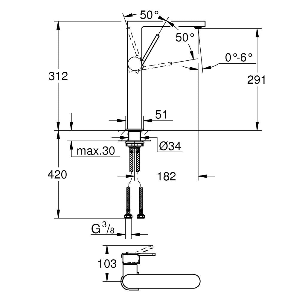 Смесител за мивка Grohe Plus XL-size – технически чертеж с размери, монтажни данни и дължини за онлайн магазин за обзавеждане за бани KERANOVA