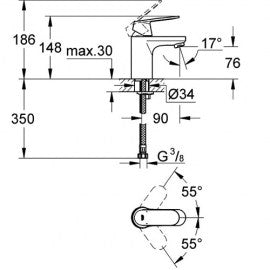 Схема и технически размери на Смесител за мивка Eurosmart Cosmopolitan S - без изпразнител за онлайн магазин KERANOVA