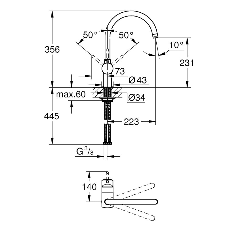 Кухненски смесител Grohe Minta - технически чертеж с размери, високо чучур, завъртане 0°/150°/360° - KERANOVA онлайн магазин