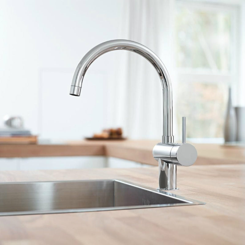 Кухненски смесител Grohe Minta с висок подвижен чучур, хром GROHE StarLight, SilkMove, монтаж KERANOVA