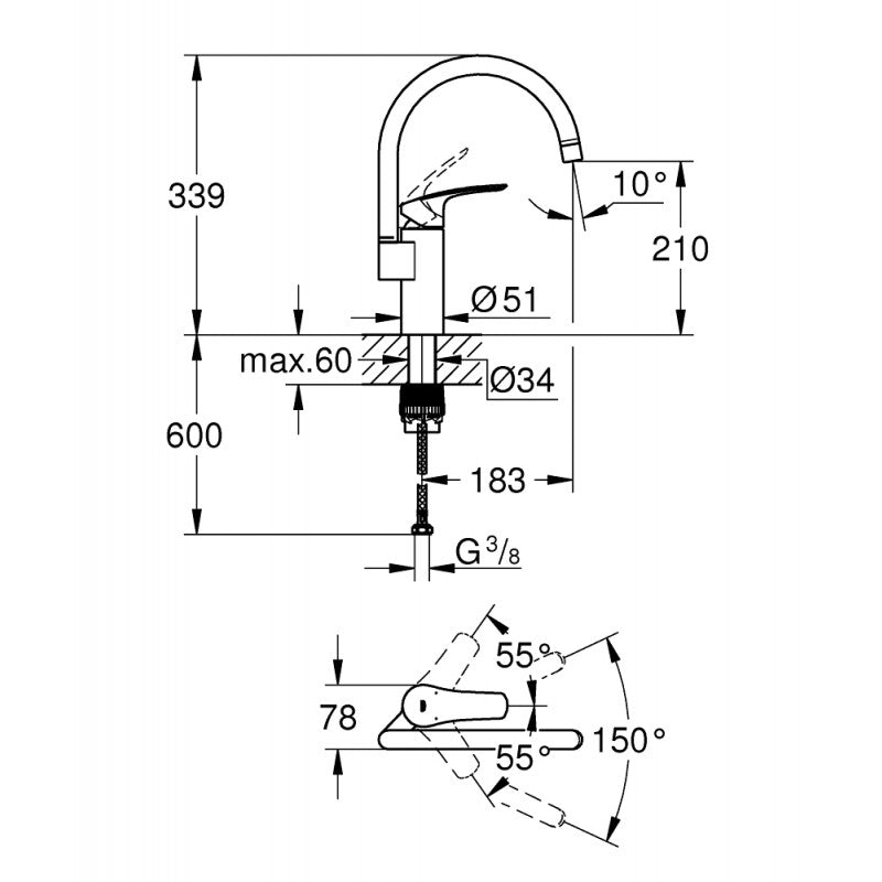 Кухненски смесител Eurosmart OHM Grohe - технически чертеж с размери, височина 339 мм, чучур 210 мм, завъртане 150° - KERANOVA