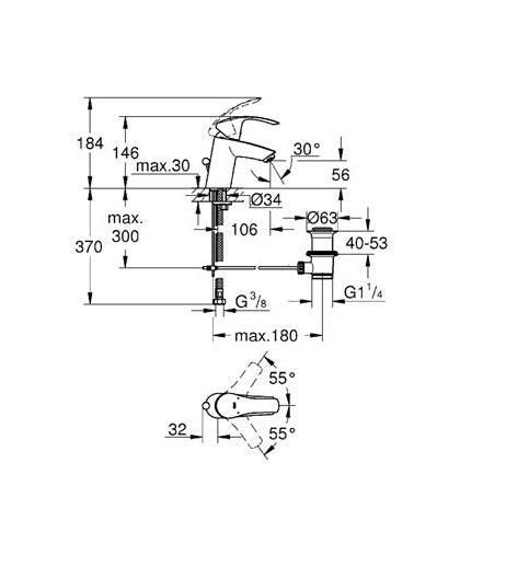 Смесител за мивка Eurosmart S-size технически чертеж с размери и монтажни детайли за онлайн магазин KERANOVA