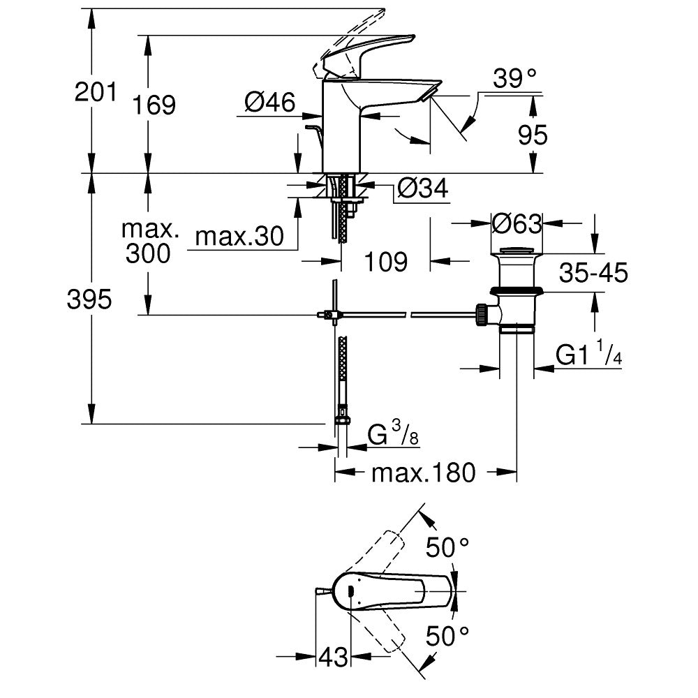 Смесител за мивка Eurosmart S-size - технически чертеж с размери, Grohe Eurosmart 33265003S, KERANOVA онлайн магазин