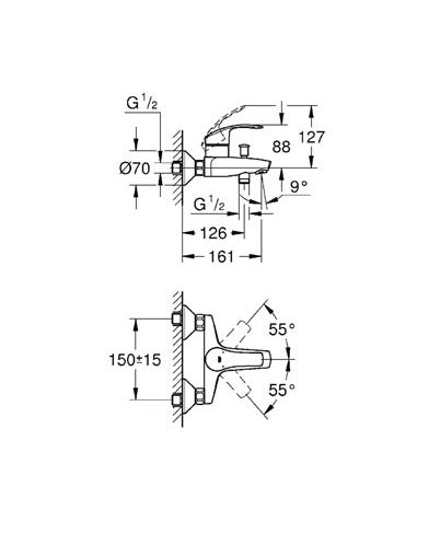 Стенен смесител за вана/душ Grohe Eurosmart - технически чертеж с размери и ъгли за монтаж, онлайн магазин KERANOVA